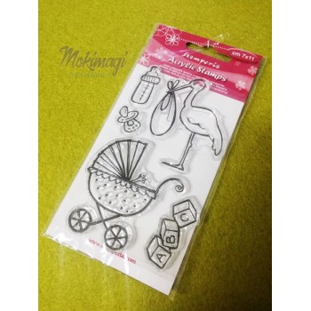 Set 5 Timbri Acrilici - Cicogna "Baby Nascita" 7x11cm Stamperia WTK063