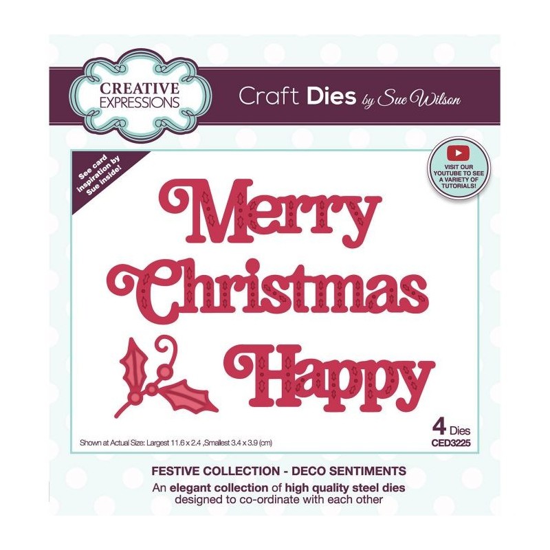 Fustella Creative Expressions Natale con testo "Merry Christmas" + scritta Happy + agrifoglio CED3225