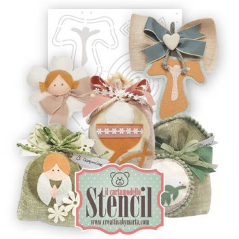 CARTAMODELLO STENCIL Le Bomboniere COMUNIONE • CREATTIVA N.31 Stencil Cartamodello Angioletto, Croce, Calice, Leecc...