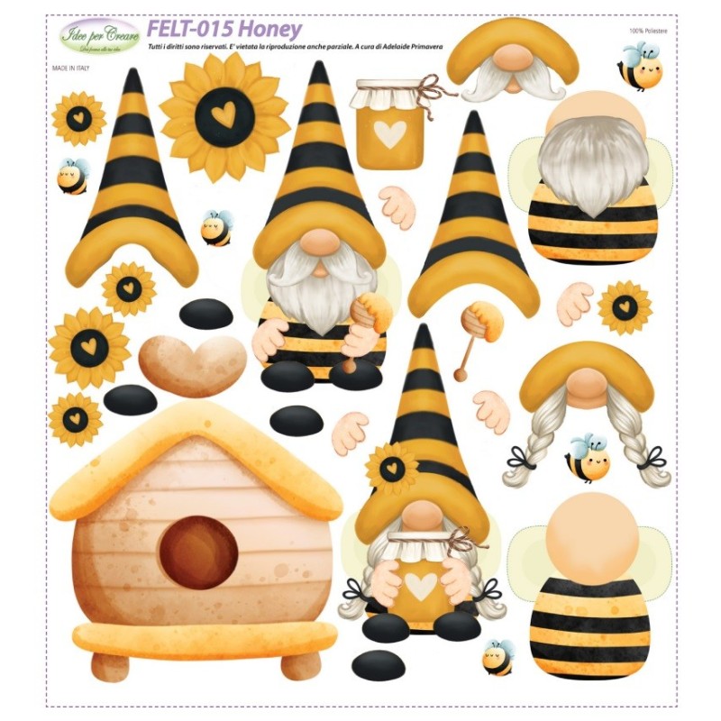 Pannello Honey Gnomi Api Feltro 2mm Stampato - Feltro Stampato con Gnomi di Idee Per Creare 50x50cm Felt-015