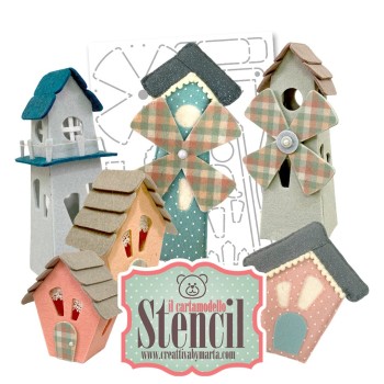 CARTAMODELLO STENCIL "Villaggio Country" • CREATTIVA N.60 Stencil Cartamodello MULINO A VENTO, CASETTE E FARO