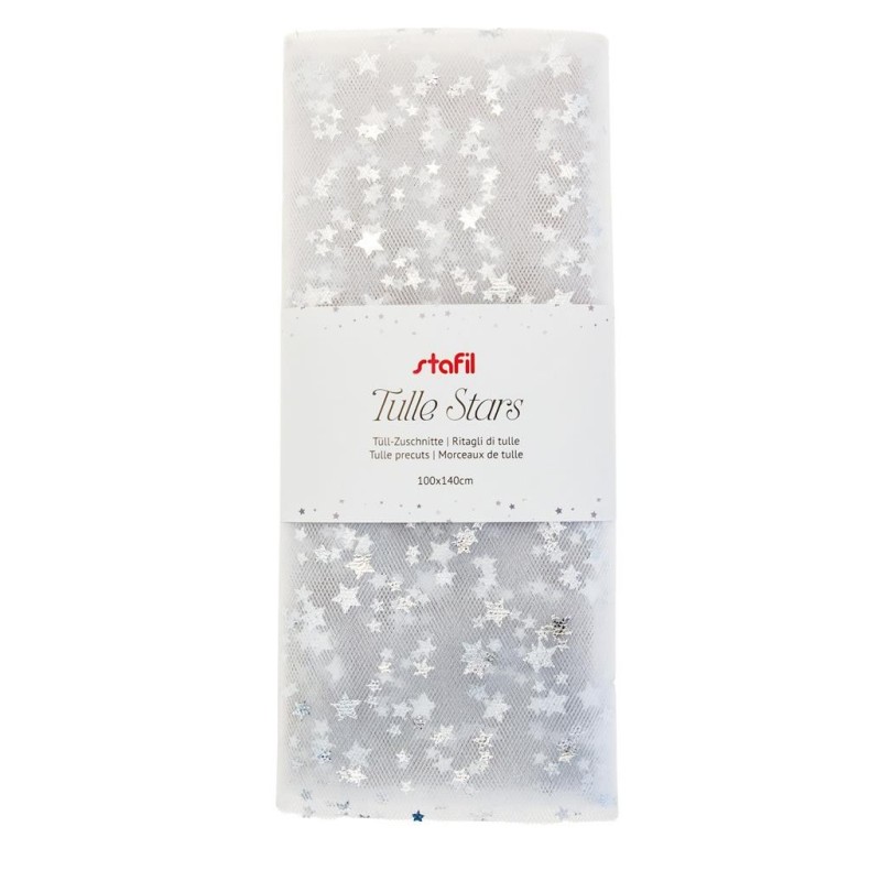 Tulle Bianco con Stelline Argento - 1,4x1m Stafil